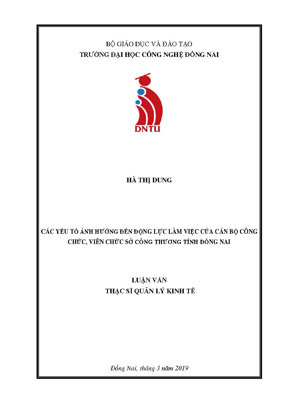 Các nhân tố ảnh hưởng tới động lực làm việc của cán bộ công chức, viên chức Sở Công Thương Đồng Nai