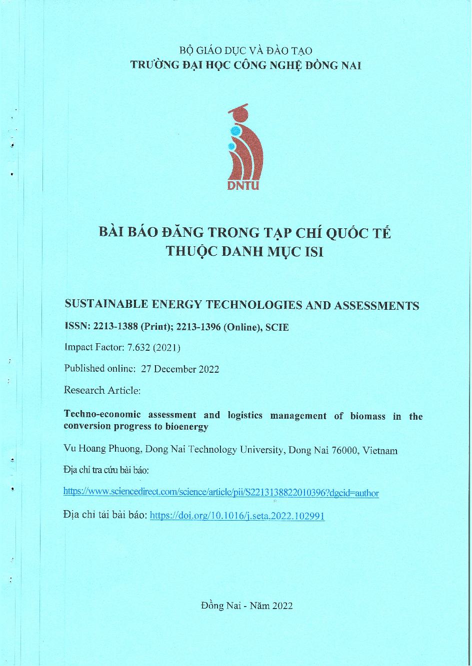 Techno-economic assessment and logistics management of biomass in the conversion progress to bioenergy