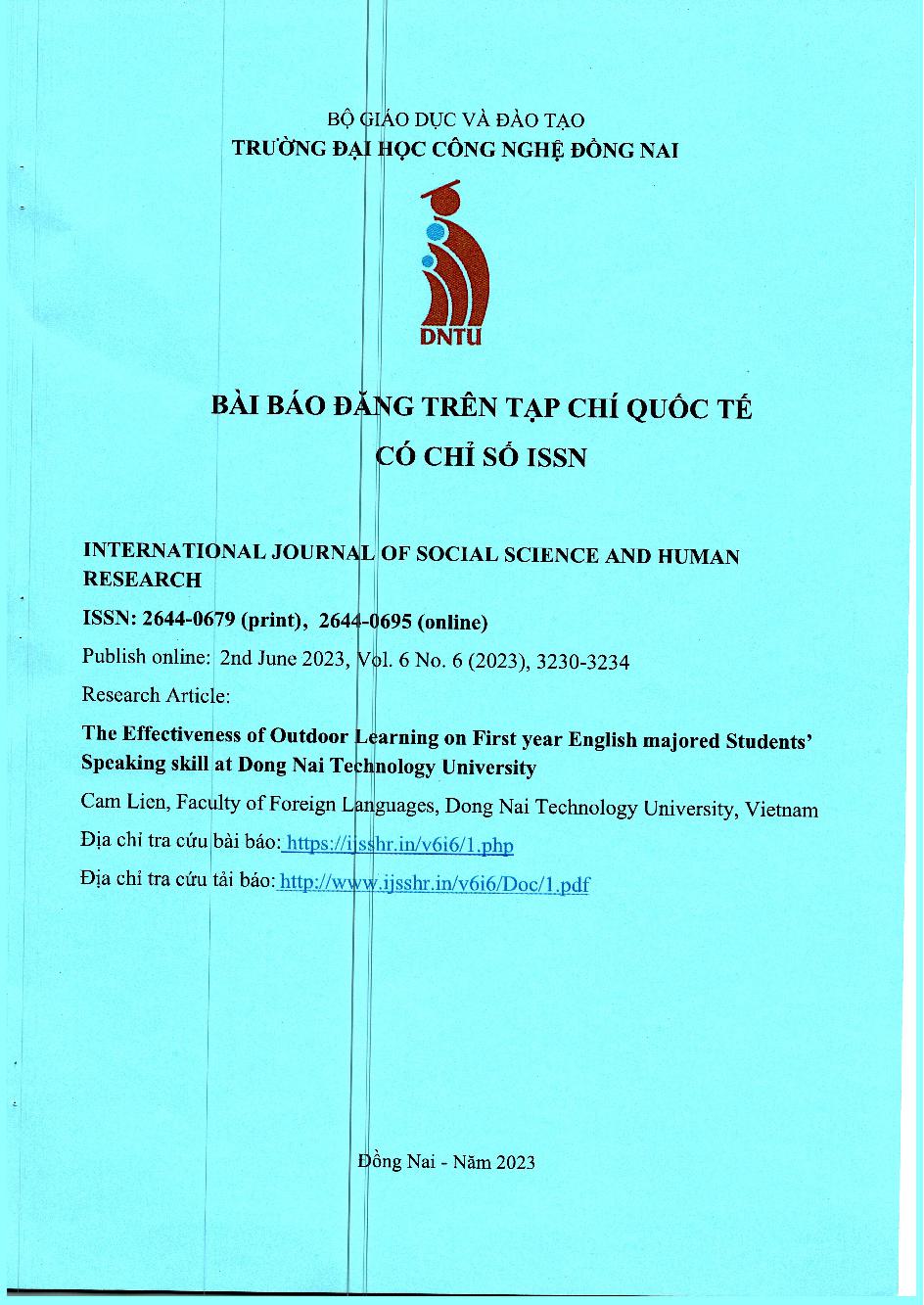 The Effectiveness Of Outdoor Learning On First Year English Majored Students' Speaking Skill At Dong Nai Technology University