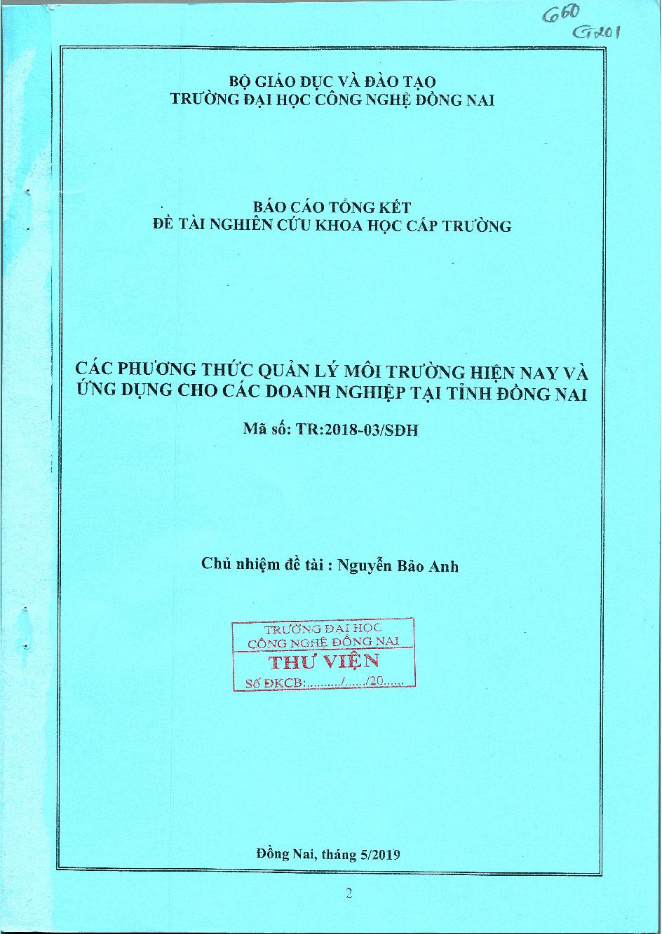 Các Phương Thức Quản Lý Môi Trường Hiện Nay Và Ứng Dụng Các Doanh Nghiệp Tại Tỉnh Đồng Nai