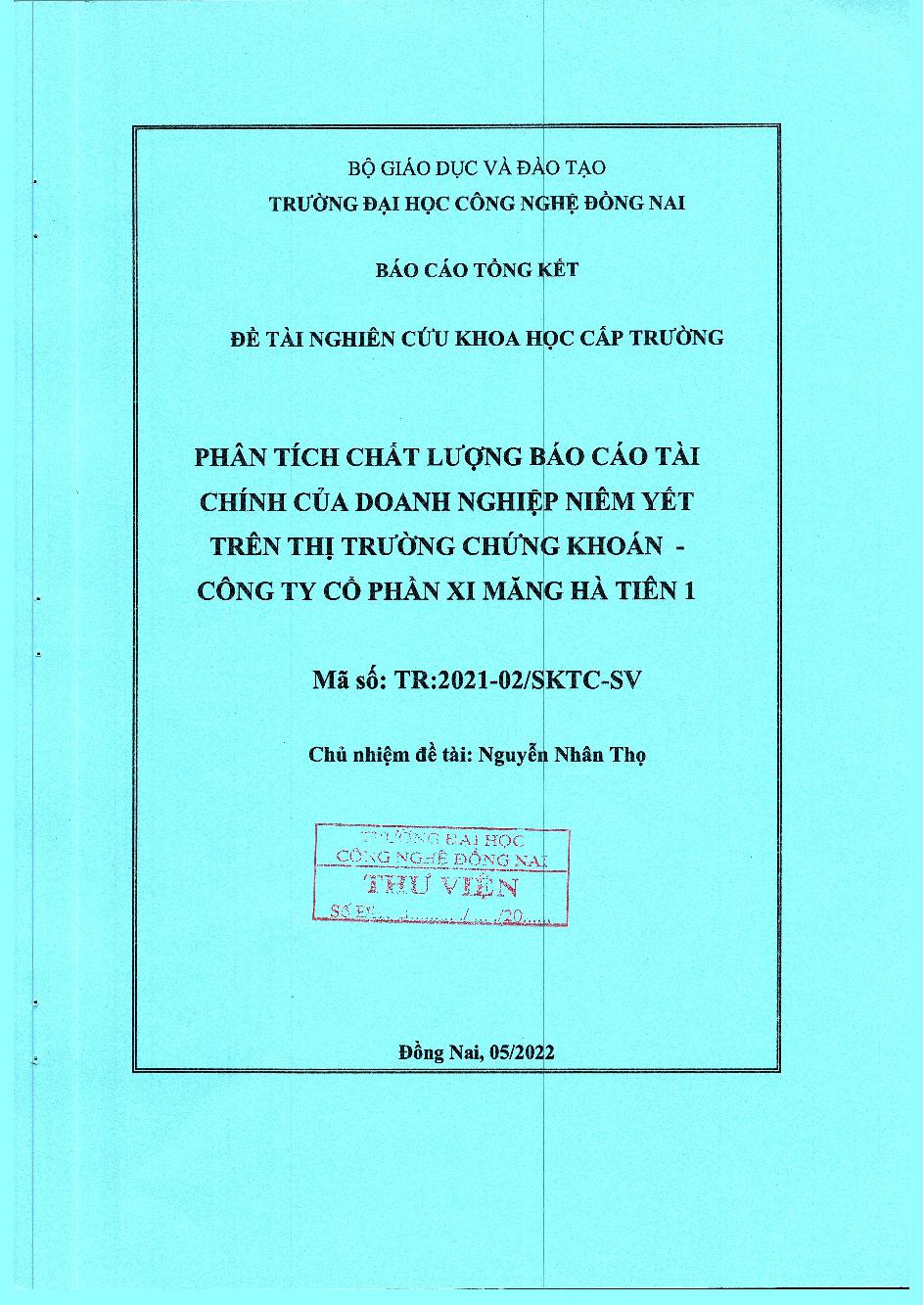 Phân Tích Chất Lượng Báo Cáo Tài Chính Của Doanh Nghiệp Niêm Yết Trên Thị Trường Chứng Khoán - Công Ty Cổ Phần Xi Măng Hà Tiên 1