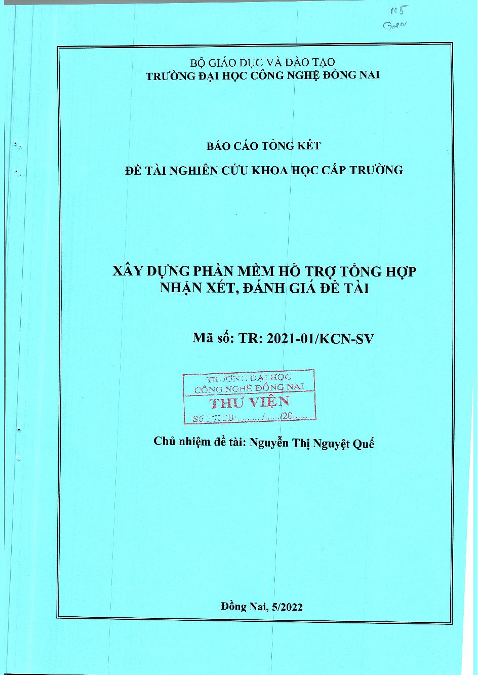 Xây Dựng Phần Mềm Hỗ Trợ Tổng Hợp Nhận Xét , Đánh Giá Đề Tài