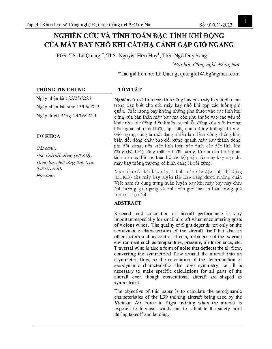 Nghiên cứu và tính toán đặc tính khí động của máy bay nhỏ khi cất/hạ cánh gặp gió ngang