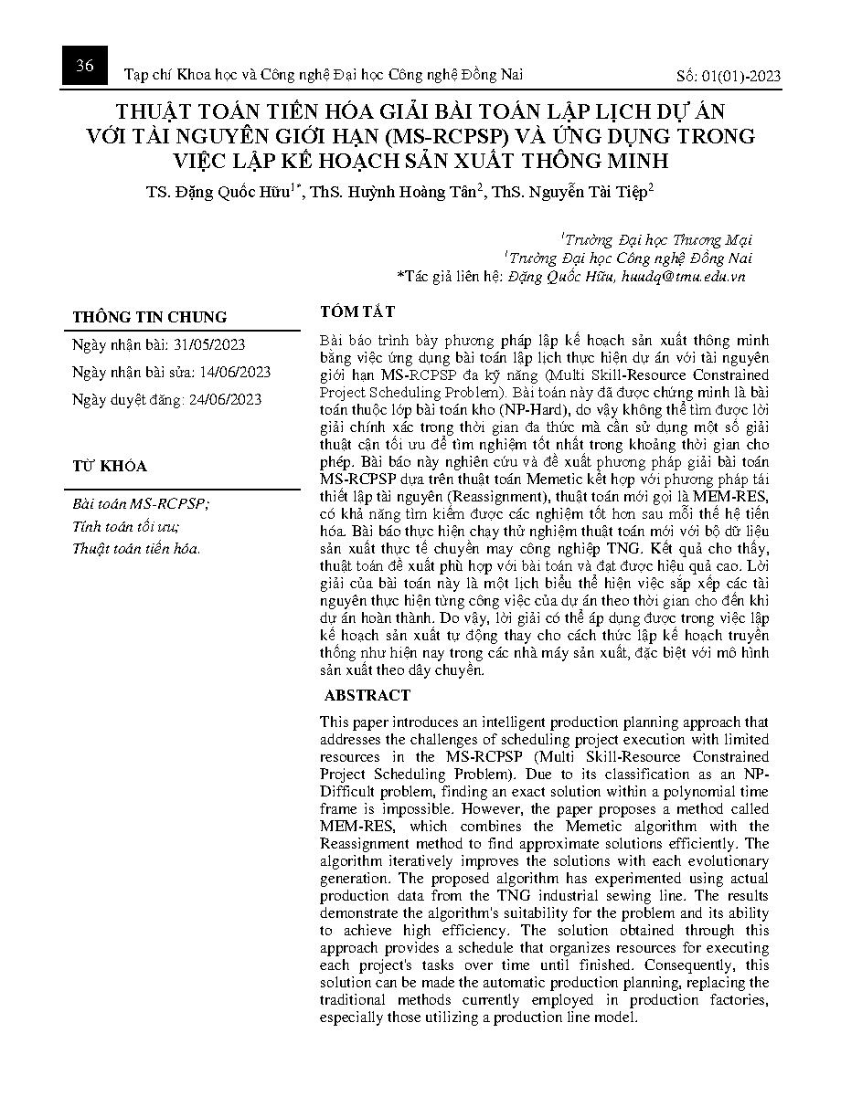 Thuật toán tiến hóa giải bài toán lập lịch dự án với tài nguyên giới hạn (MS-RCPSP) và ứng dụng trong việc lập kế hoạch sản xuất thông minh