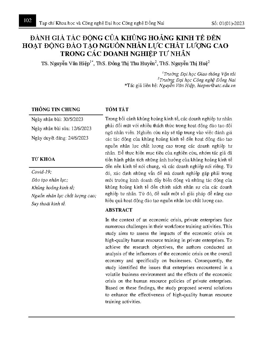 Đánh giá tác động của khủng hoảng kinh tế đến hoạt động đào tạo nguồn nhân lực chất lượng cao trong các doanh nghiệp tư nhân