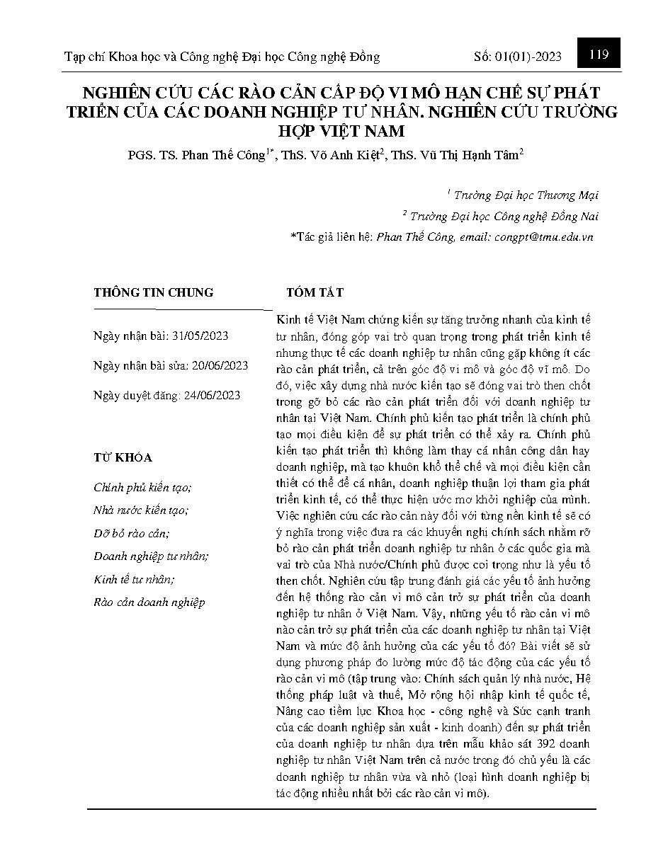 Nghiên cứu các rào cản vi mô hạn chế sự phát triển của các doanh nghiệp tư nhân. Nghiên cứu trường hợp Việt Nam