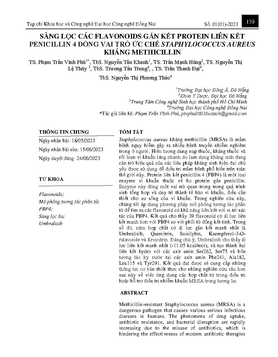 Sàng lọc các flavonoids gắn kết protein liên kết penicillin 4 đóng vai trò ức chế staphylococcus aureus kháng methicillin