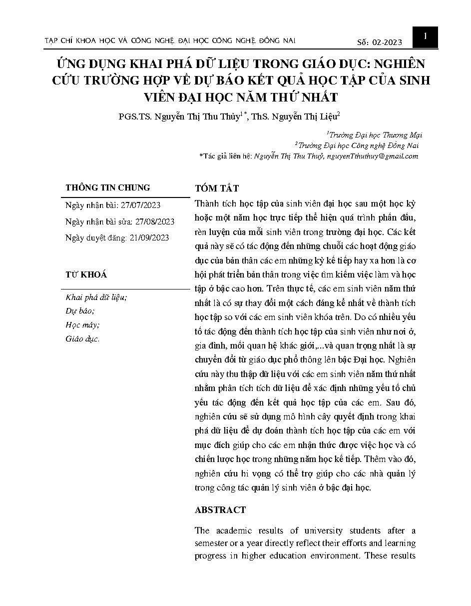 Ứng dụng khai phá dữ liệu trong giáo dục: nghiên cứu trường hợp về dự báo kết quả học tập của sinh viên đại học năm thứ nhất