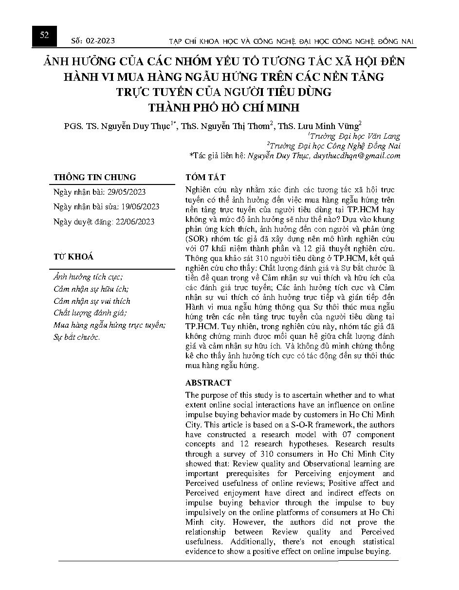Ảnh hưởng của các nhóm yếu tố tương tác xã hội đến hành vi mua hàng ngẫu hứng trên các nền tảng trực tuyến của người tiêu dùng thành phố hồ chí minh