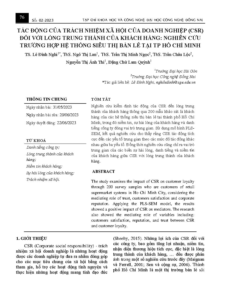 Tác động của trách nhiệm xã hội của doanh nghiệp (csr) đối với lòng trung thành của khách hàng: nghiên cứu trường hợp hệ thống siêu thị bán lẻ tại tp hồ chí minh