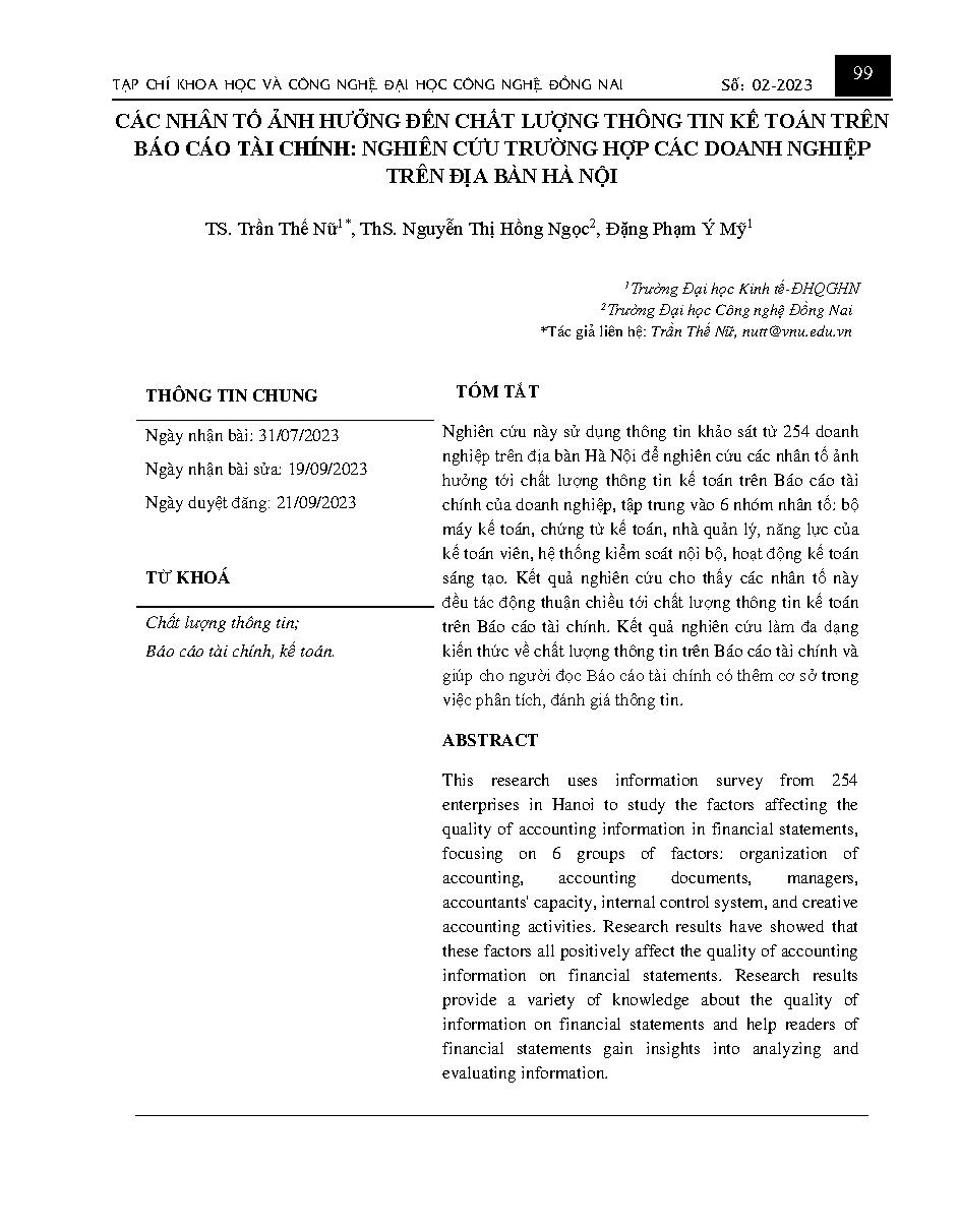 Các nhân tố ảnh hưởng đến chất lượng thông tin kế toán trên báo cáo tài chính: nghiên cứu trường hợp các doanh nghiệp trên địa bàn hà nội