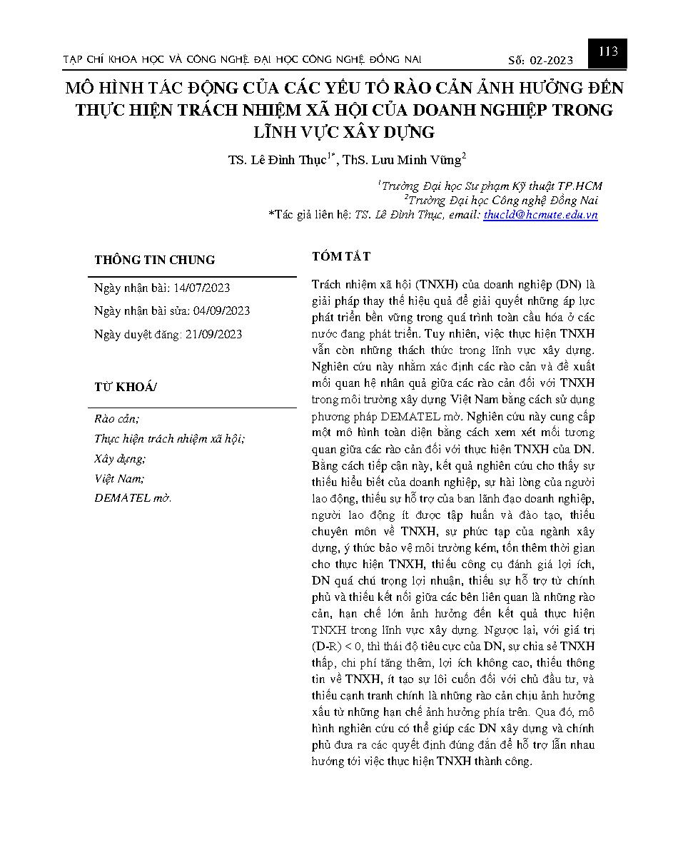 Mô hình tác động của các yếu tố rào cản ảnh hưởng đến thực hiện trách nhiệm xã hội của doanh nghiệp trong lĩnh vực xây dựng