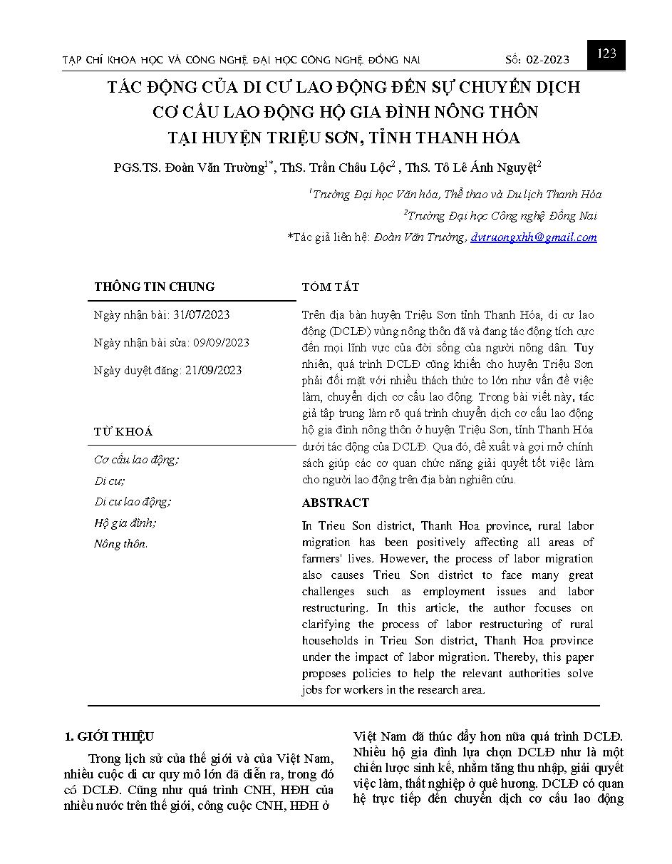 Tác động của di cư lao động đến sự chuyển dịch cơ cấu lao động hộ gia đình nông thôn tại huyện triệu sơn, tỉnh thanh hóa