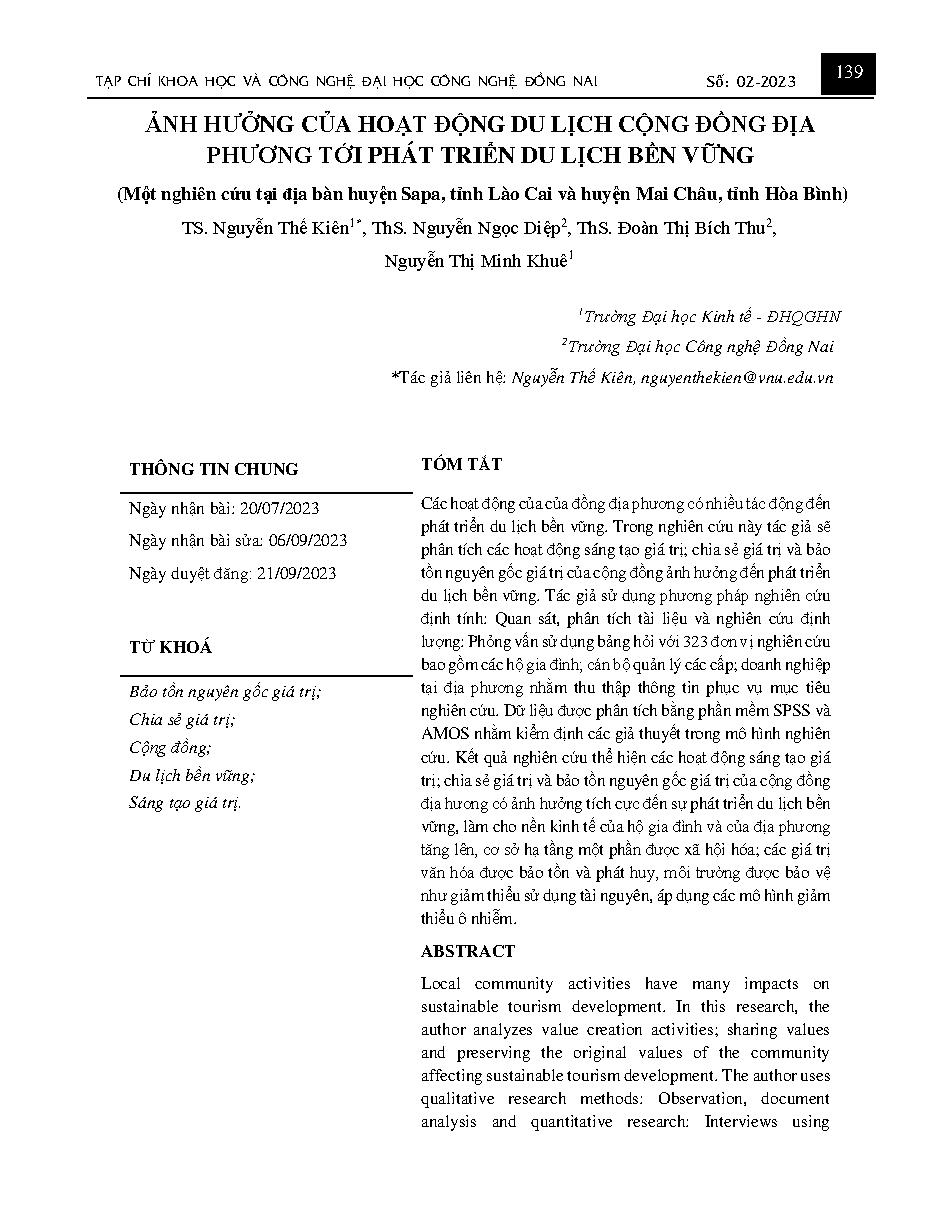 Ảnh hưởng của hoạt động du lịch cộng đồng địa phương tới phát triển du lịch bền vững  (Một nghiên cứu tại địa bàn huyện Sapa, tỉnh Lào Cai và huyện Mai Châu, tỉnh Hòa Bình)