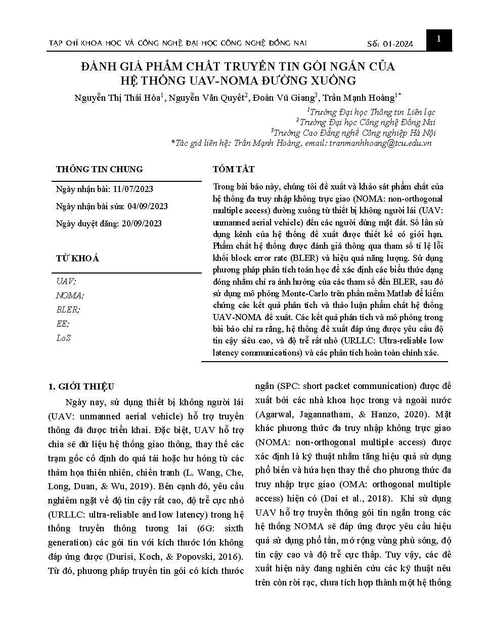 Đánh giá phẩm chất truyền tin gói ngắn của hệ thống UAV-NOMA đường xuống Evaluating the quality of short packet transmission of download UAV-NOMA system