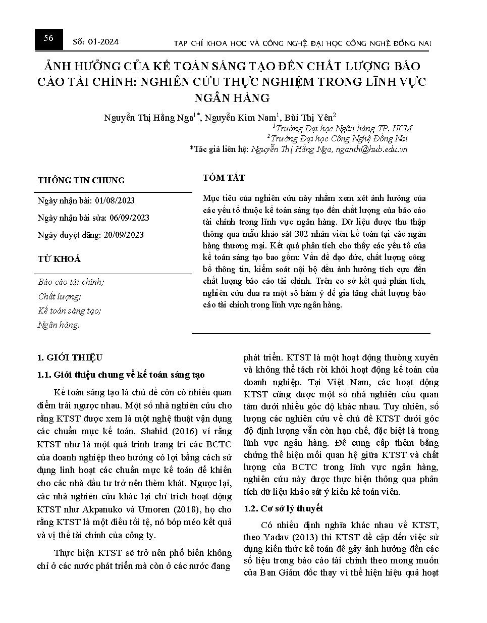 Ảnh hưởng của kế toán sáng tạo đến chất lượng báo cáo tài chính: nghiên cứu thực nghiệm trong lĩnh vực ngân hàng Influence of creative accounting on financial reporting quality: empirical study in the banking sector