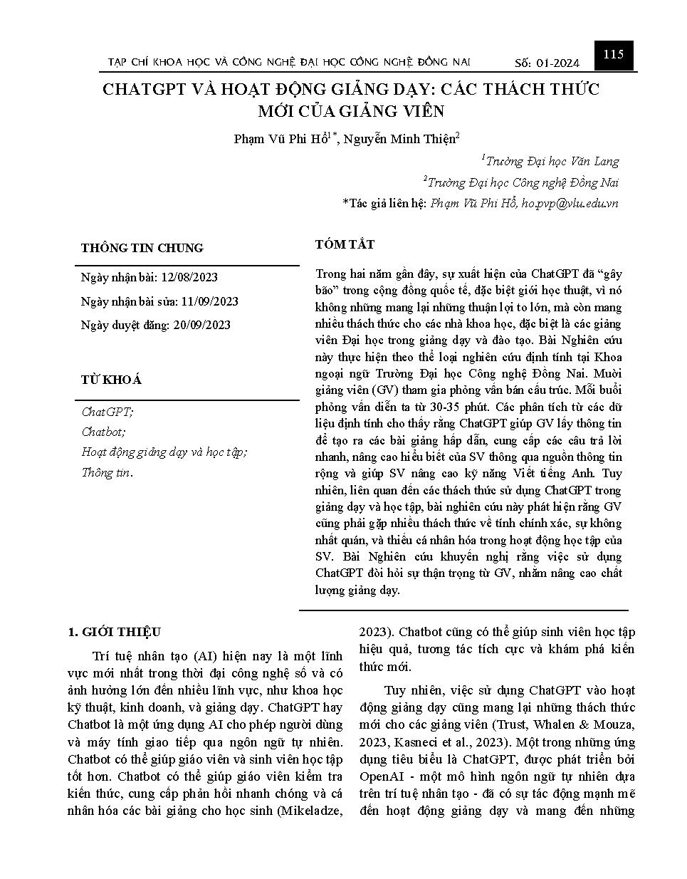 ChatGPT và hoạt động giảng dạy: các thách thức mới của giảng viên ChatGPT and teaching activities: new challenges for teachers