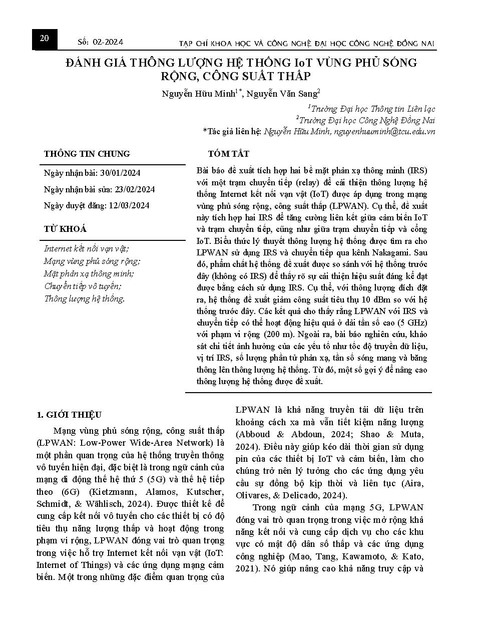 Đánh giá thông lượng hệ thống IoT vùng phủ sóng rộng, công suất thấp Throughput evaluation of IoT low-power wide-area system