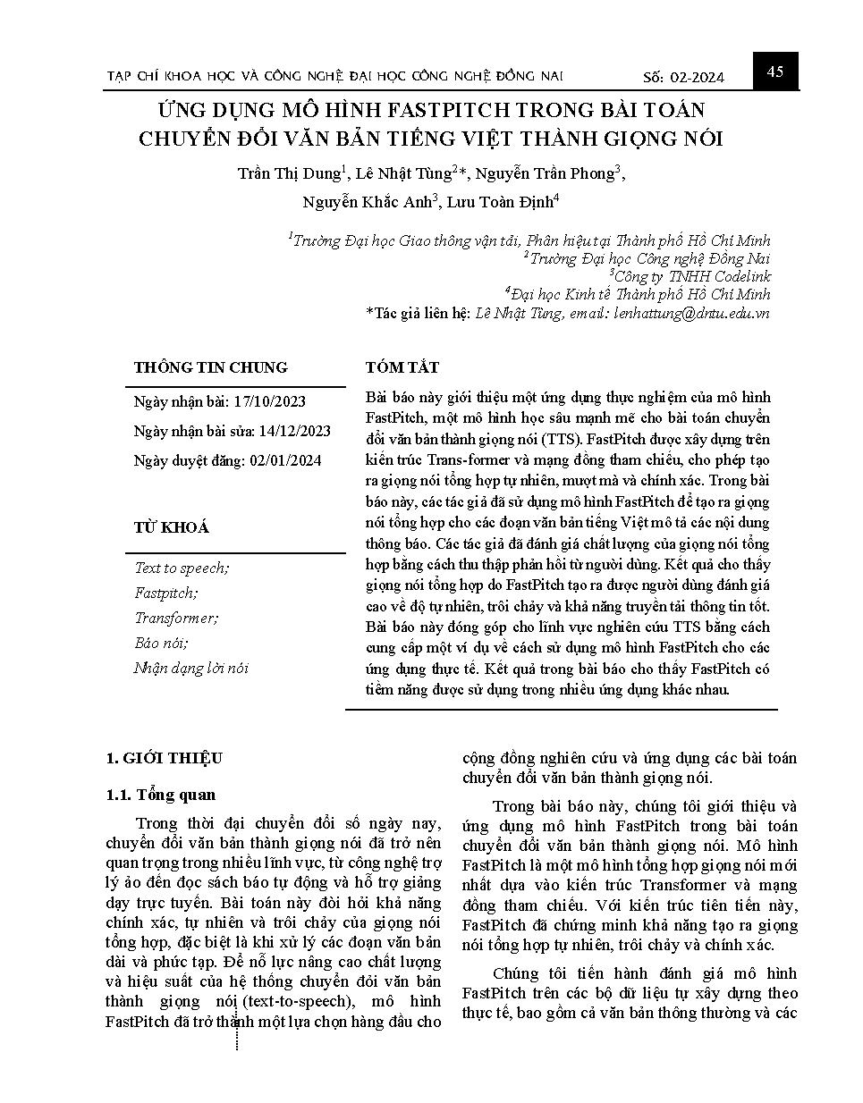 Ứng dụng mô hình FASTPITCH trong bài toán chuyển đổi văn bản tiếng việt thành giọng nói Applying the FASTPITCH model in the problem of converting vietnamese text into speech