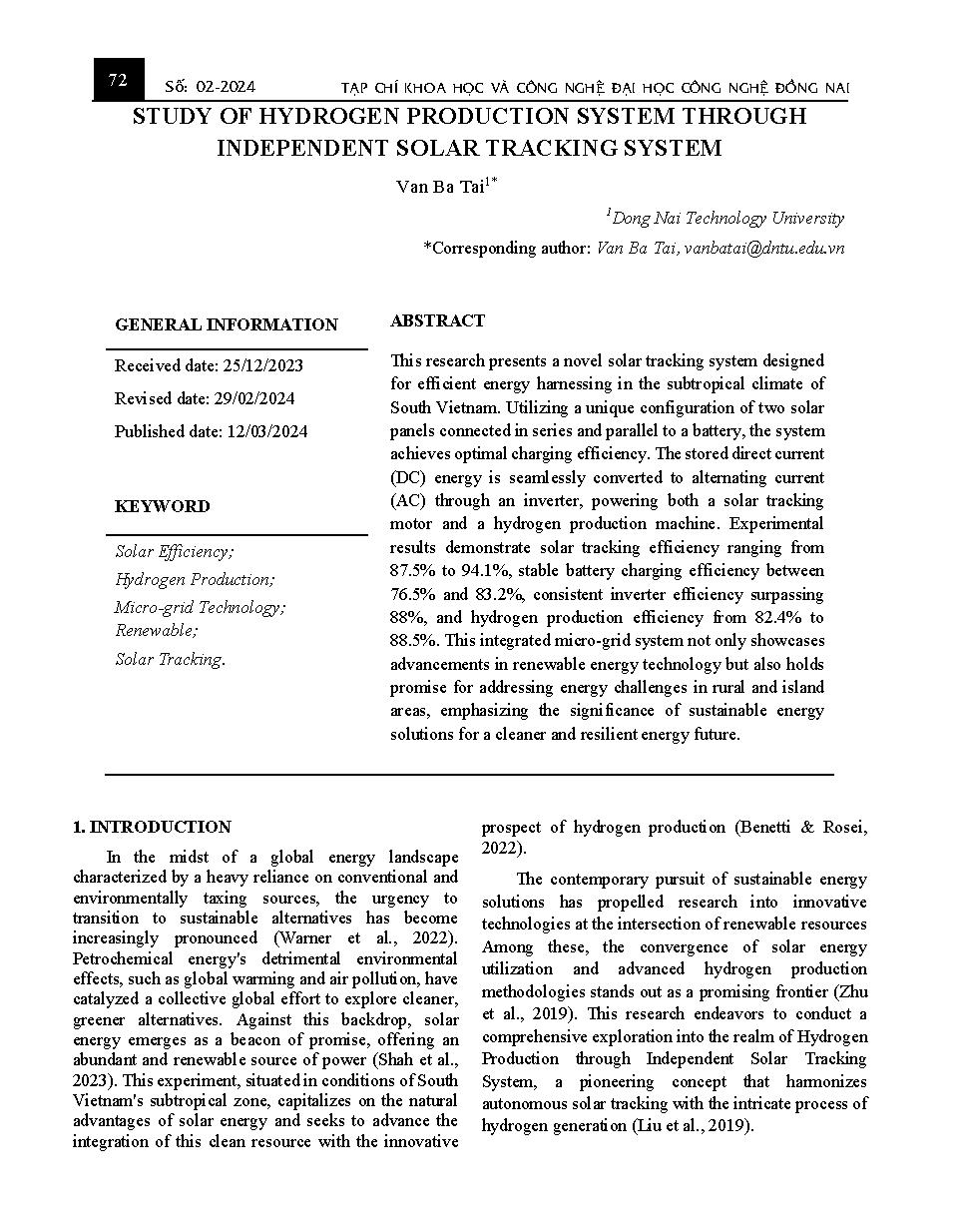 Study of Hydrogen production system through independent solar tracking system Nghiên cứu hệ thống sản xuất Hydro thông qua hệ thống theo dõi năng lượng mặt trời độc lập