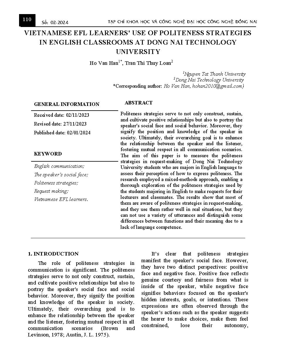 Vietnamese EFL learners' use of politeness strategies: A case study of Dong Nai Technology University Học viên EFL người việt sử dụng chiến lược lịch sử trong lớp tiếng Anh tại Trường Đại học Công nghệ Đồng Nai