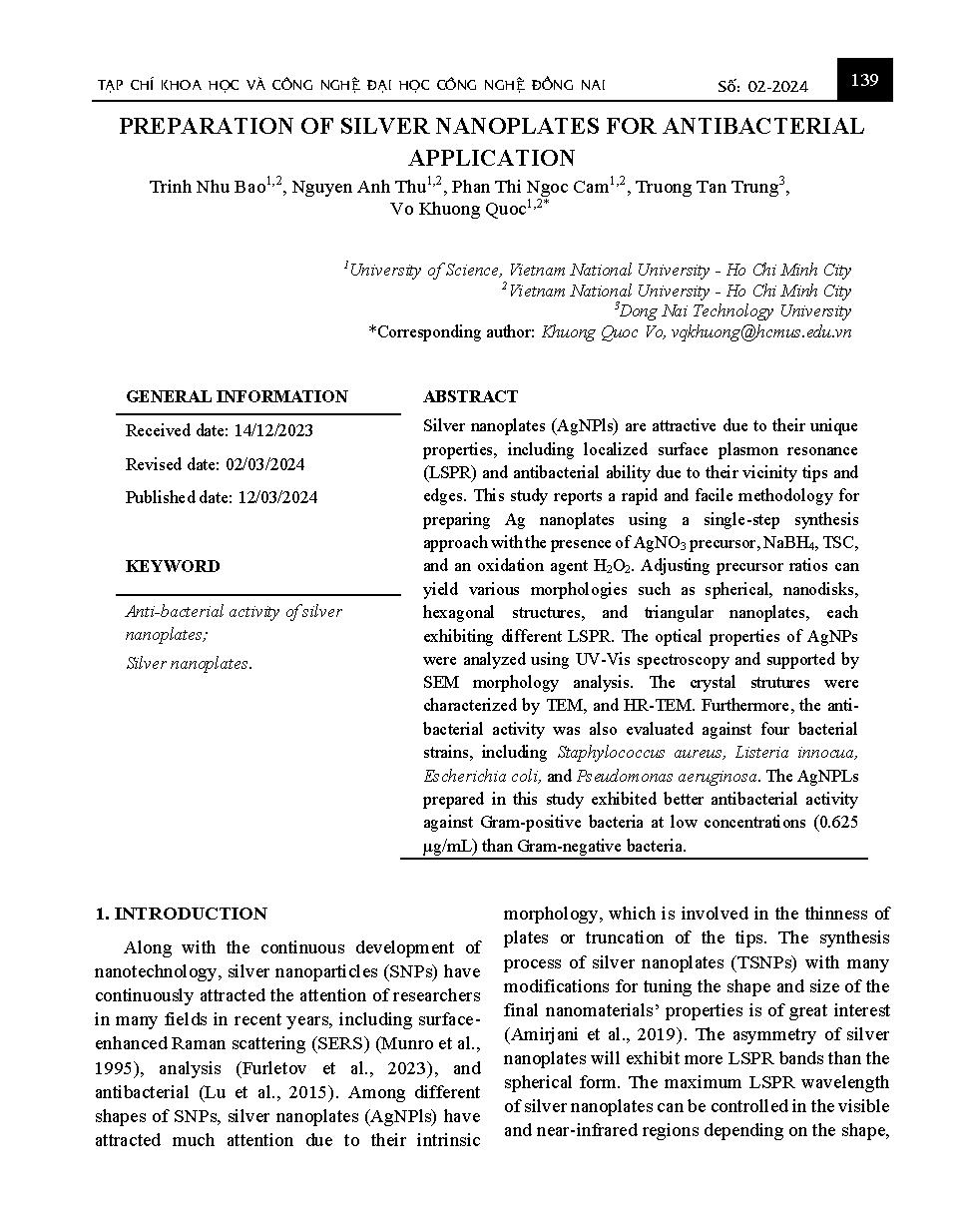 Preparation of silver Nanoplates for antibacterial application Tổng hợp Nano bạc dạng phiến ứng dụng kháng khuẩn